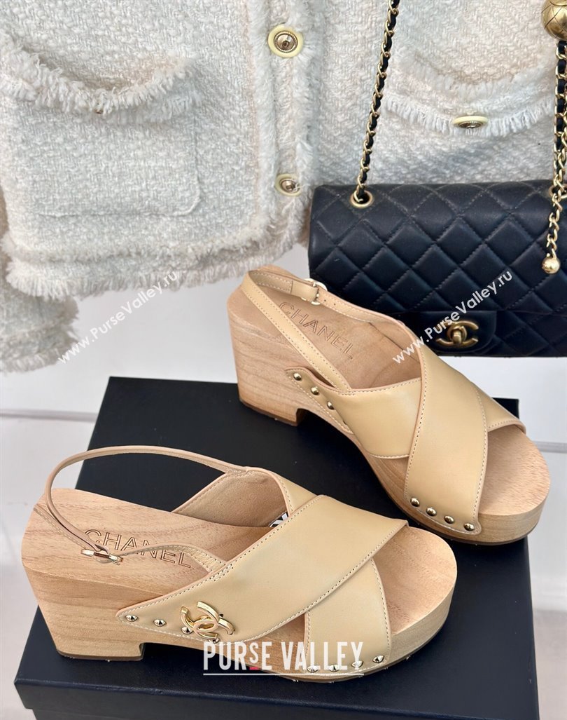 Chanel Calfskin Wood Platform Sandals Beige 2024 060302 (MD-240603185)