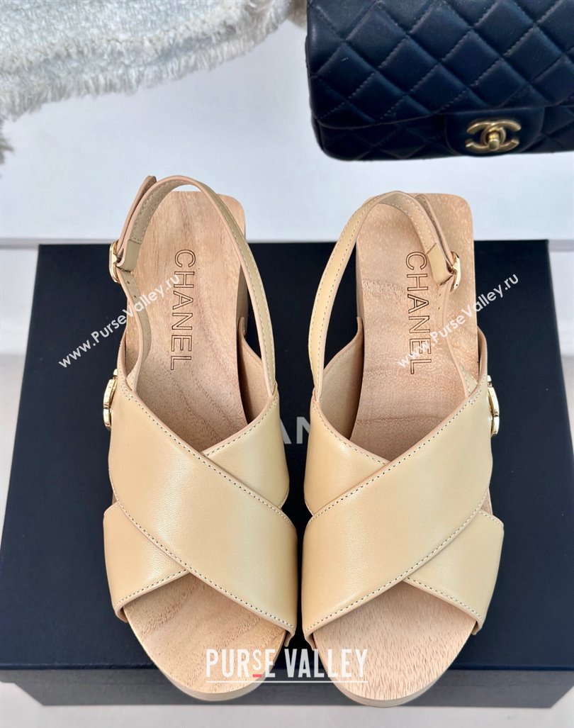 Chanel Calfskin Wood Platform Sandals Beige 2024 060302 (MD-240603185)