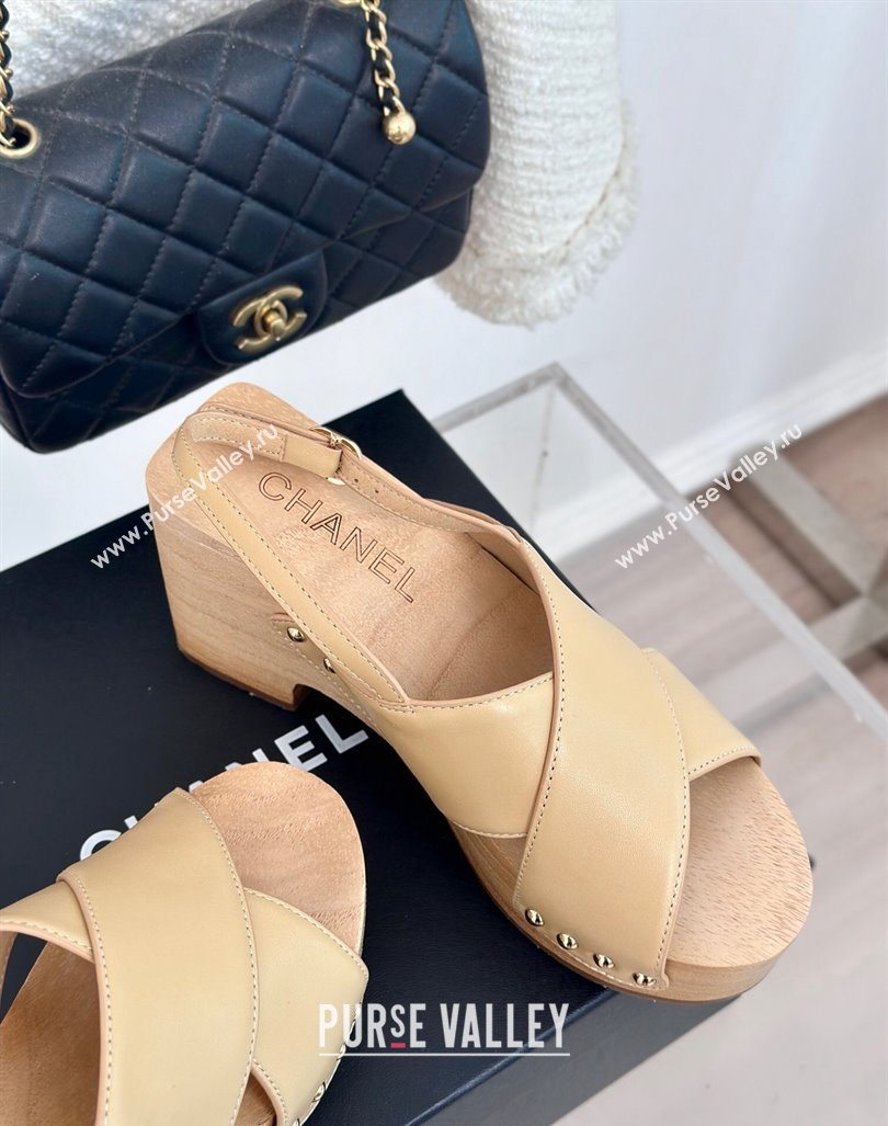 Chanel Calfskin Wood Platform Sandals Beige 2024 060302 (MD-240603185)