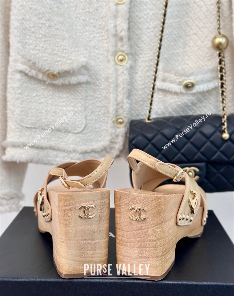 Chanel Calfskin Wood Platform Sandals Beige 2024 060302 (MD-240603185)