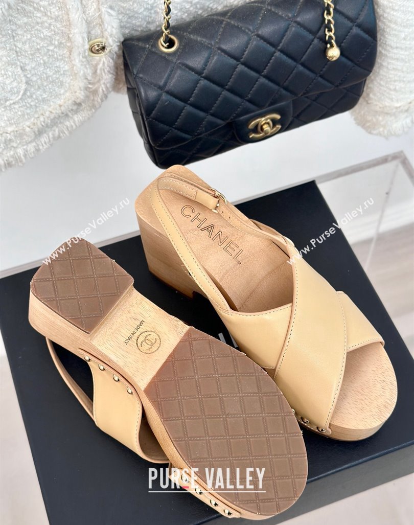 Chanel Calfskin Wood Platform Sandals Beige 2024 060302 (MD-240603185)