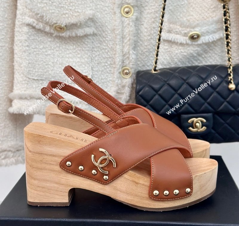 Chanel Calfskin Wood Platform Sandals Brown 2024 060302 (MD-240603186)