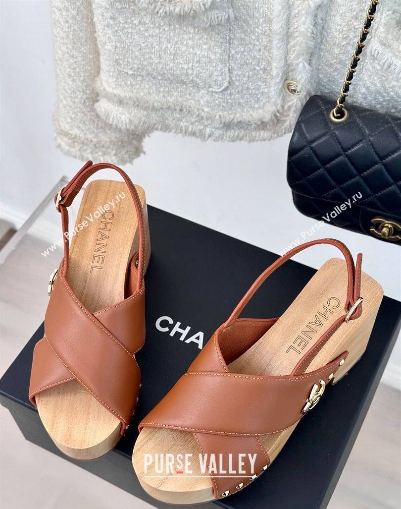 Chanel Calfskin Wood Platform Sandals Brown 2024 060302 (MD-240603186)