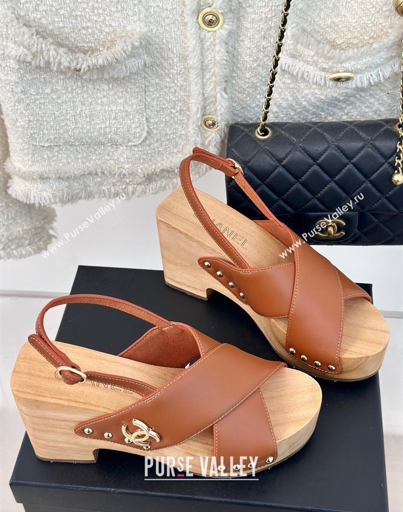 Chanel Calfskin Wood Platform Sandals Brown 2024 060302 (MD-240603186)