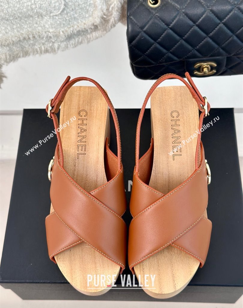 Chanel Calfskin Wood Platform Sandals Brown 2024 060302 (MD-240603186)