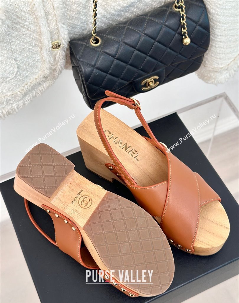 Chanel Calfskin Wood Platform Sandals Brown 2024 060302 (MD-240603186)