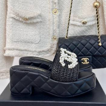 Chanel Crochet Straw Lambskin Platform Slide Sandals 7cm with Pearls CC Black 2024 (MD-240603187)