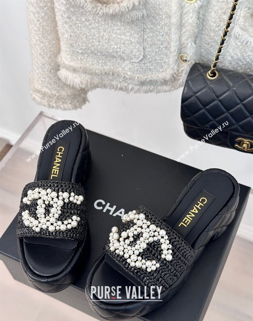 Chanel Crochet Straw Lambskin Platform Slide Sandals 7cm with Pearls CC Black 2024 (MD-240603187)