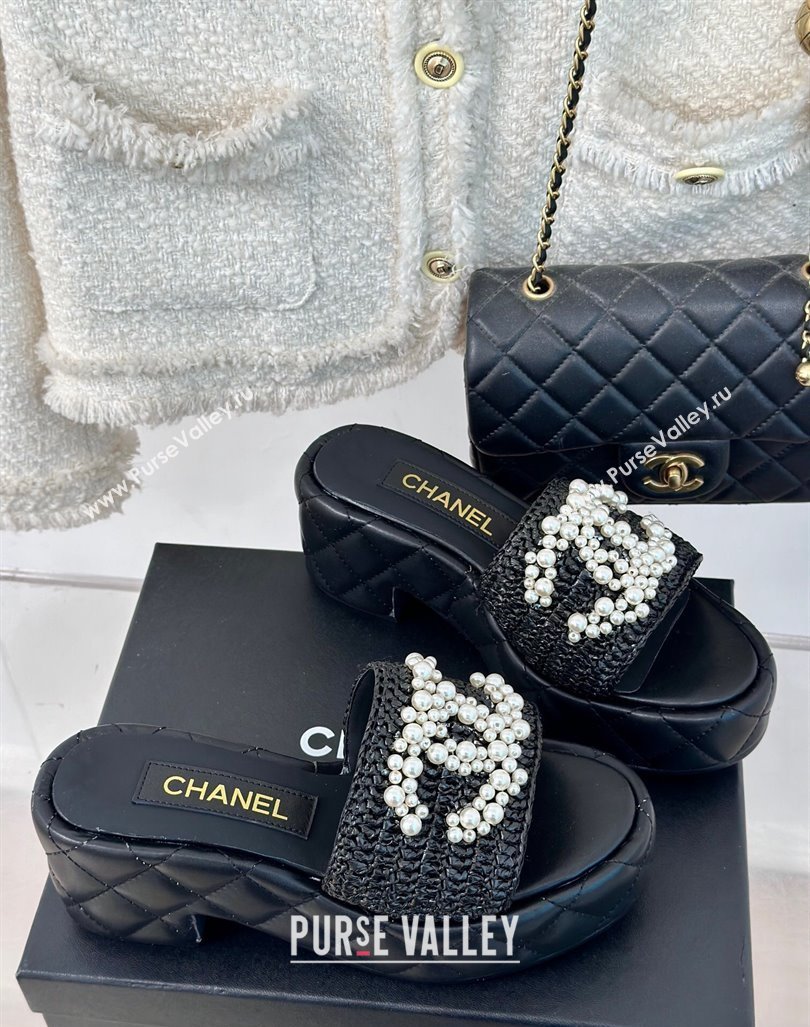 Chanel Crochet Straw Lambskin Platform Slide Sandals 7cm with Pearls CC Black 2024 (MD-240603187)