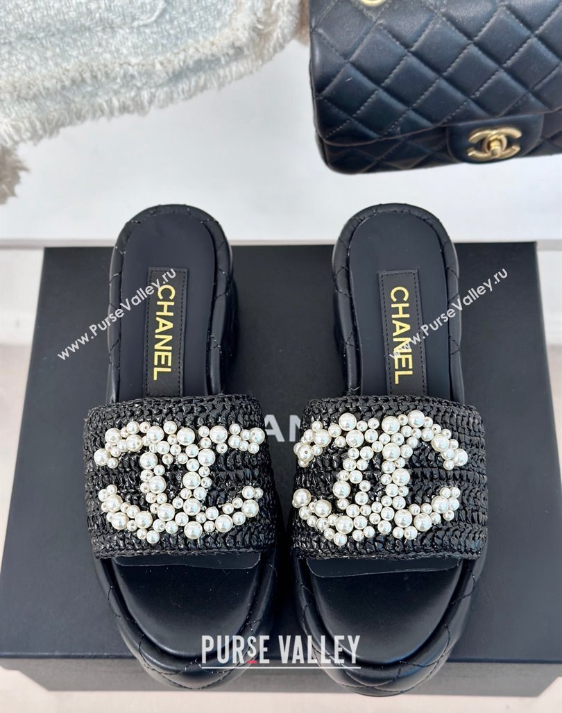 Chanel Crochet Straw Lambskin Platform Slide Sandals 7cm with Pearls CC Black 2024 (MD-240603187)