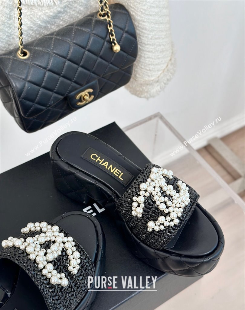 Chanel Crochet Straw Lambskin Platform Slide Sandals 7cm with Pearls CC Black 2024 (MD-240603187)