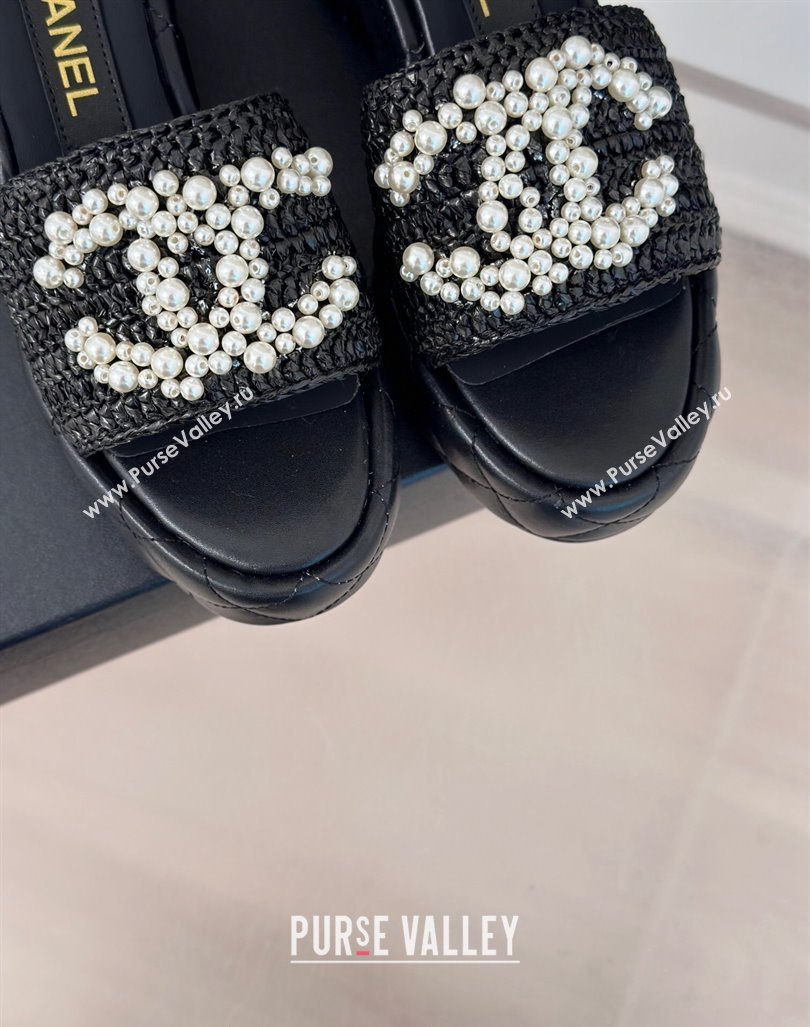 Chanel Crochet Straw Lambskin Platform Slide Sandals 7cm with Pearls CC Black 2024 (MD-240603187)