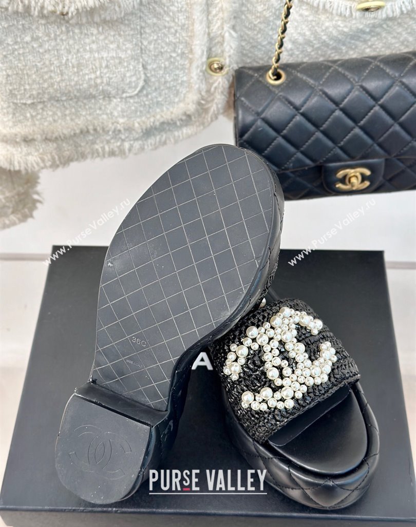 Chanel Crochet Straw Lambskin Platform Slide Sandals 7cm with Pearls CC Black 2024 (MD-240603187)