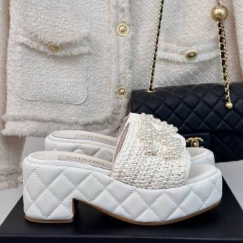 Chanel Crochet Straw Lambskin Platform Slide Sandals 7cm with Pearls CC White 2024 (MD-240603188)