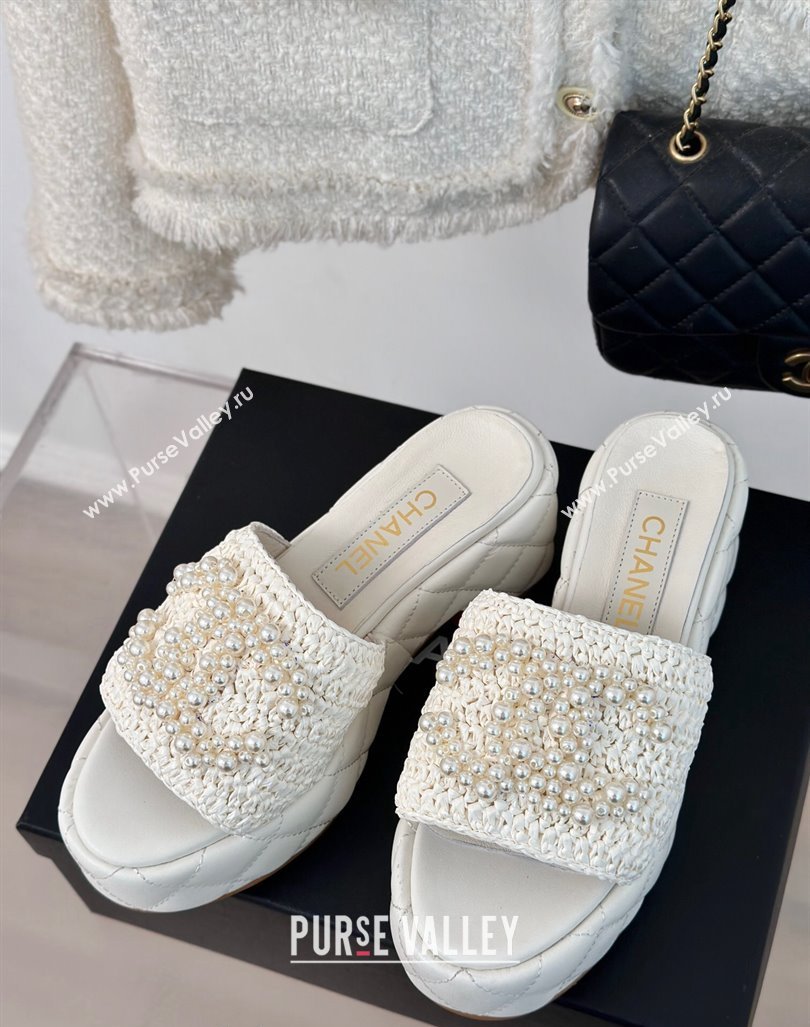 Chanel Crochet Straw Lambskin Platform Slide Sandals 7cm with Pearls CC White 2024 (MD-240603188)