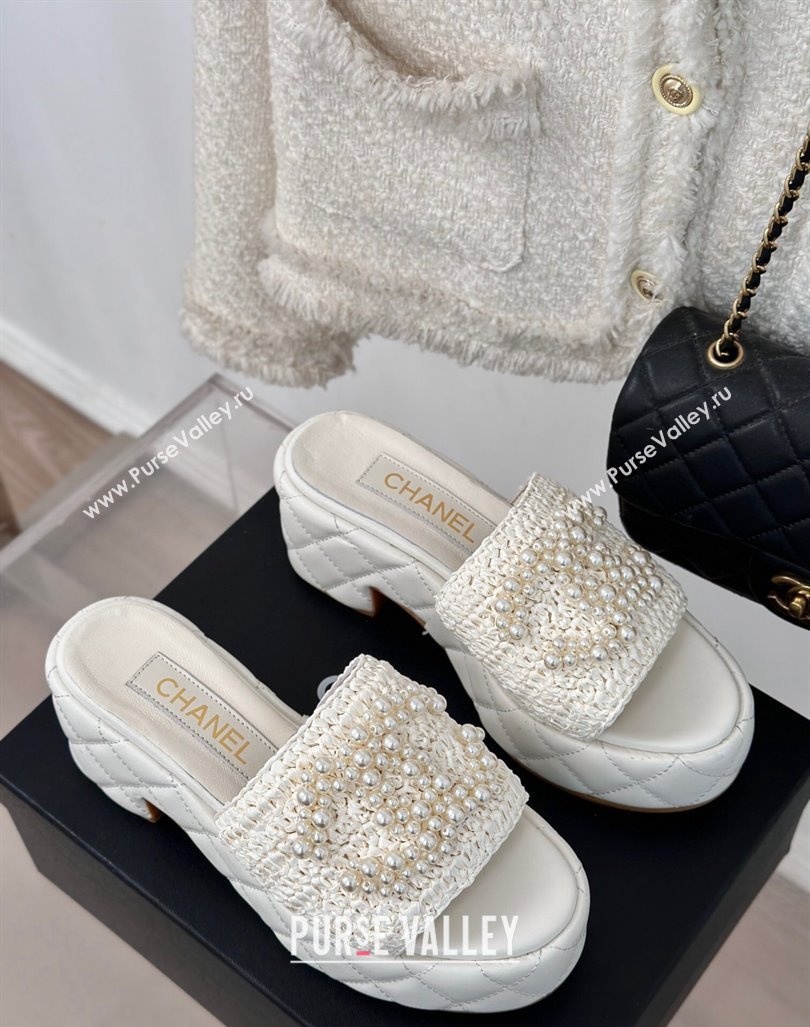 Chanel Crochet Straw Lambskin Platform Slide Sandals 7cm with Pearls CC White 2024 (MD-240603188)