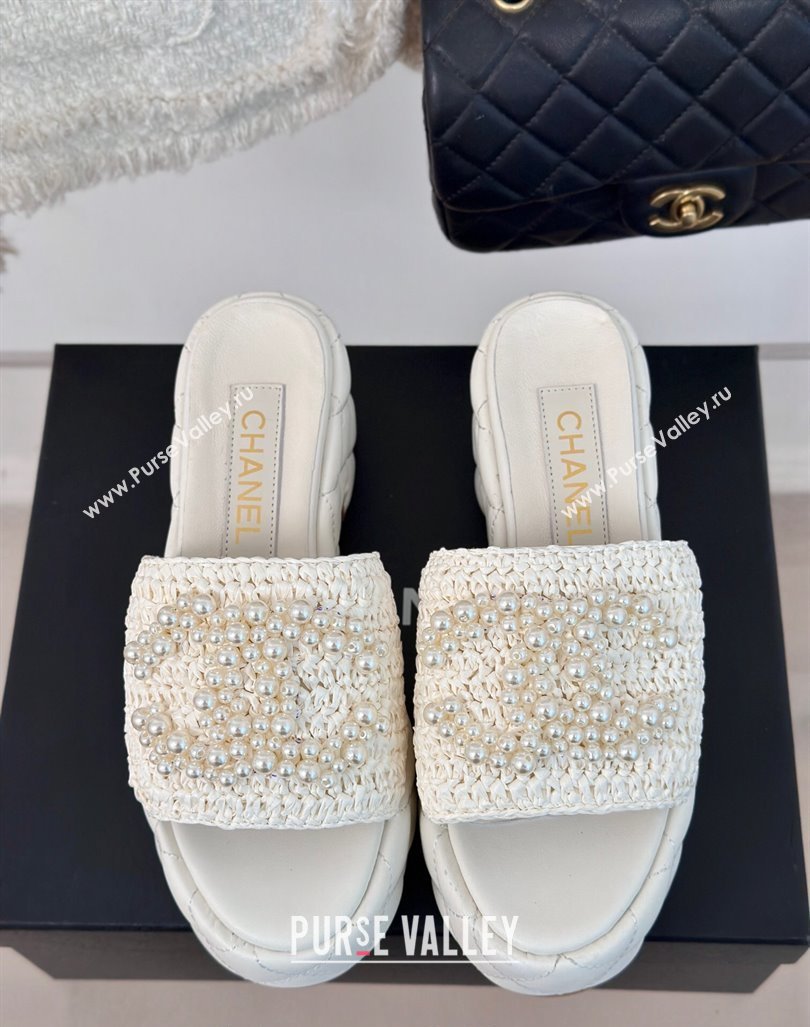 Chanel Crochet Straw Lambskin Platform Slide Sandals 7cm with Pearls CC White 2024 (MD-240603188)