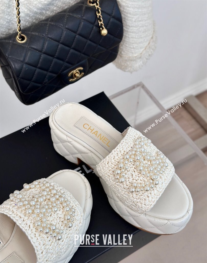 Chanel Crochet Straw Lambskin Platform Slide Sandals 7cm with Pearls CC White 2024 (MD-240603188)