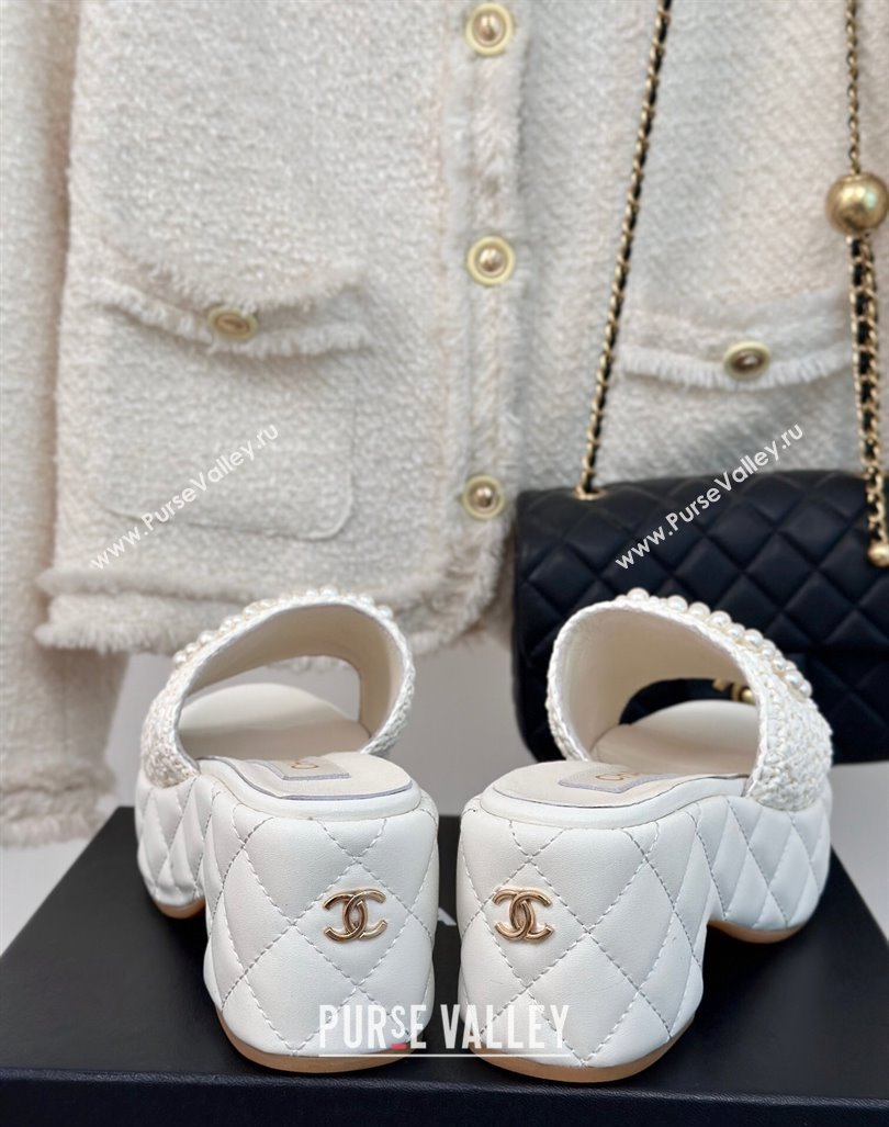 Chanel Crochet Straw Lambskin Platform Slide Sandals 7cm with Pearls CC White 2024 (MD-240603188)