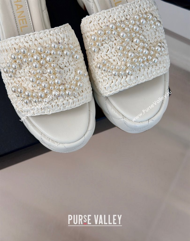 Chanel Crochet Straw Lambskin Platform Slide Sandals 7cm with Pearls CC White 2024 (MD-240603188)