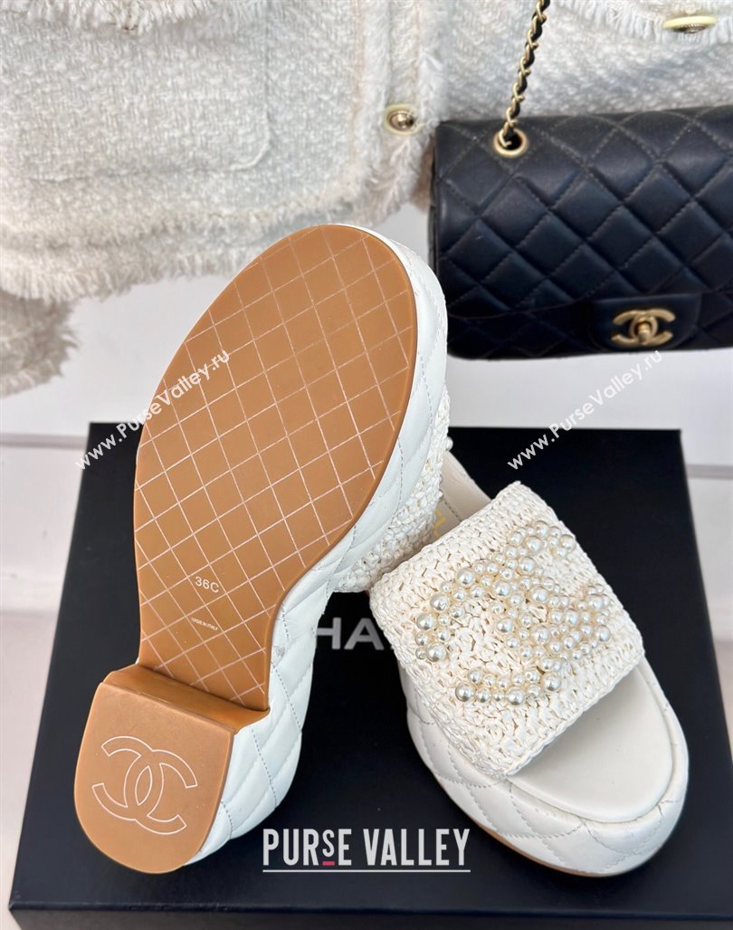 Chanel Crochet Straw Lambskin Platform Slide Sandals 7cm with Pearls CC White 2024 (MD-240603188)