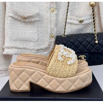 Chanel Crochet Straw Lambskin Platform Slide Sandals 7cm with Pearls CC Beige 2024 (MD-240603189)