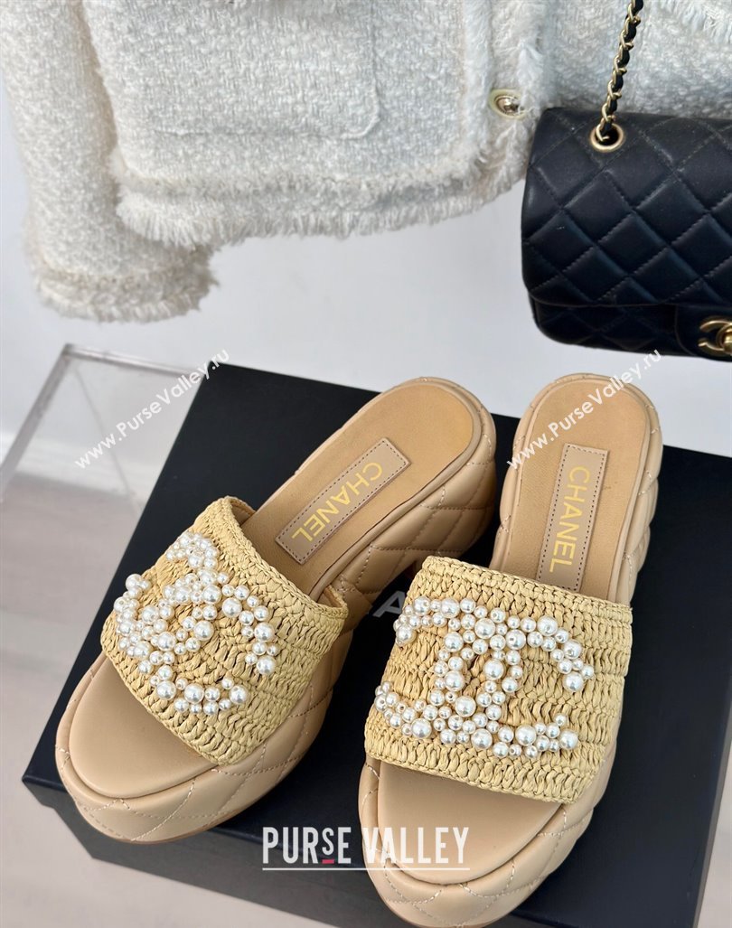 Chanel Crochet Straw Lambskin Platform Slide Sandals 7cm with Pearls CC Beige 2024 (MD-240603189)