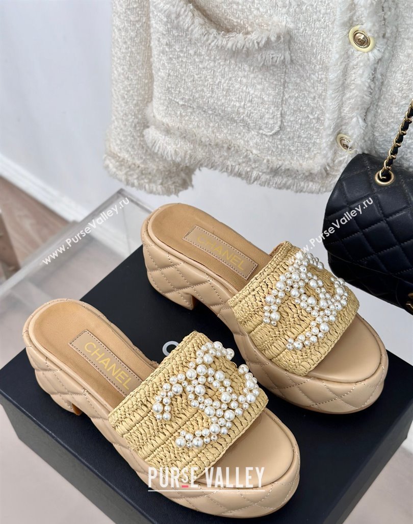 Chanel Crochet Straw Lambskin Platform Slide Sandals 7cm with Pearls CC Beige 2024 (MD-240603189)