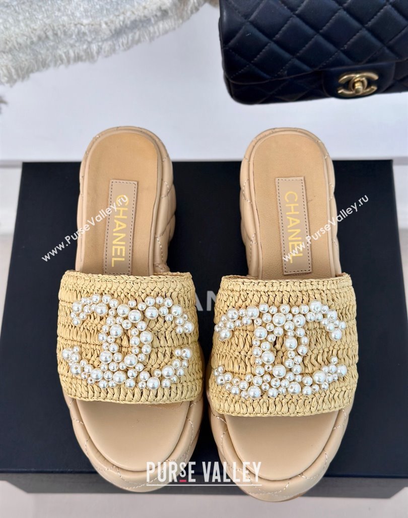 Chanel Crochet Straw Lambskin Platform Slide Sandals 7cm with Pearls CC Beige 2024 (MD-240603189)