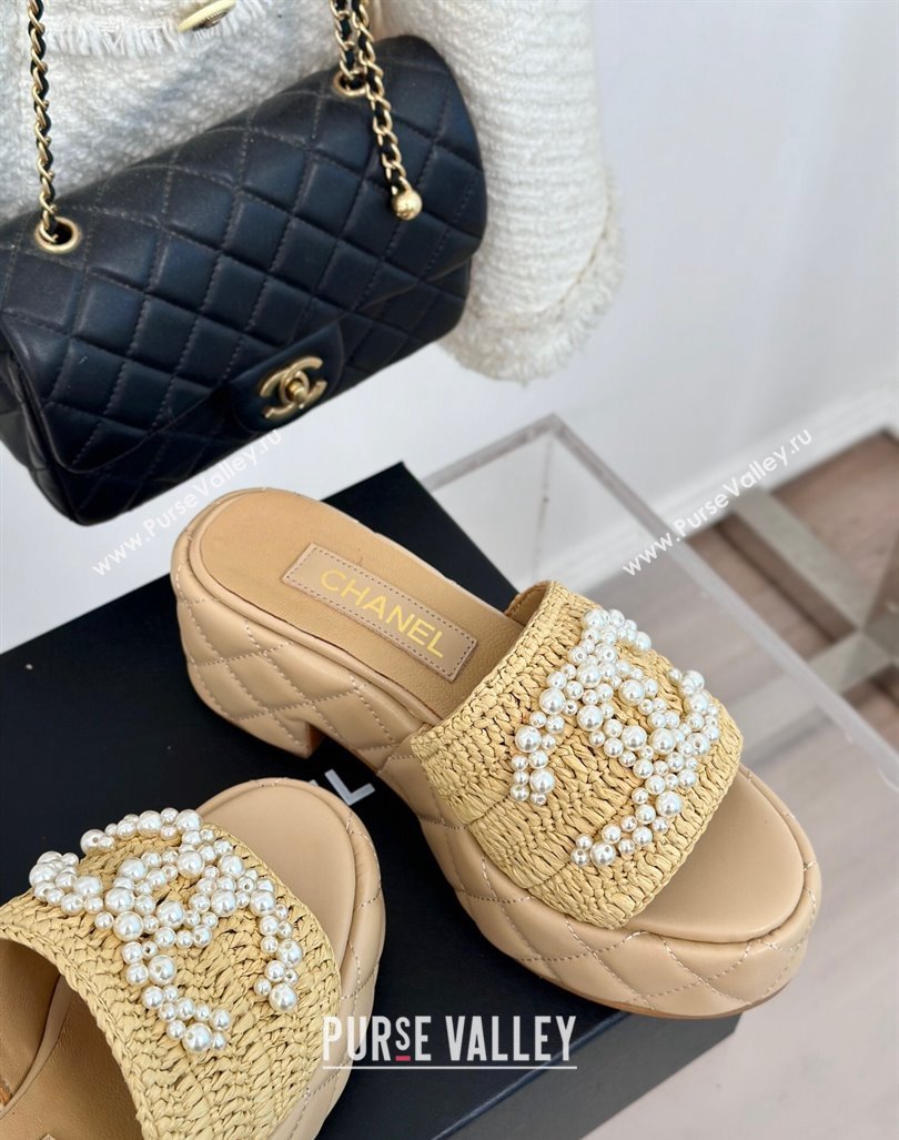 Chanel Crochet Straw Lambskin Platform Slide Sandals 7cm with Pearls CC Beige 2024 (MD-240603189)