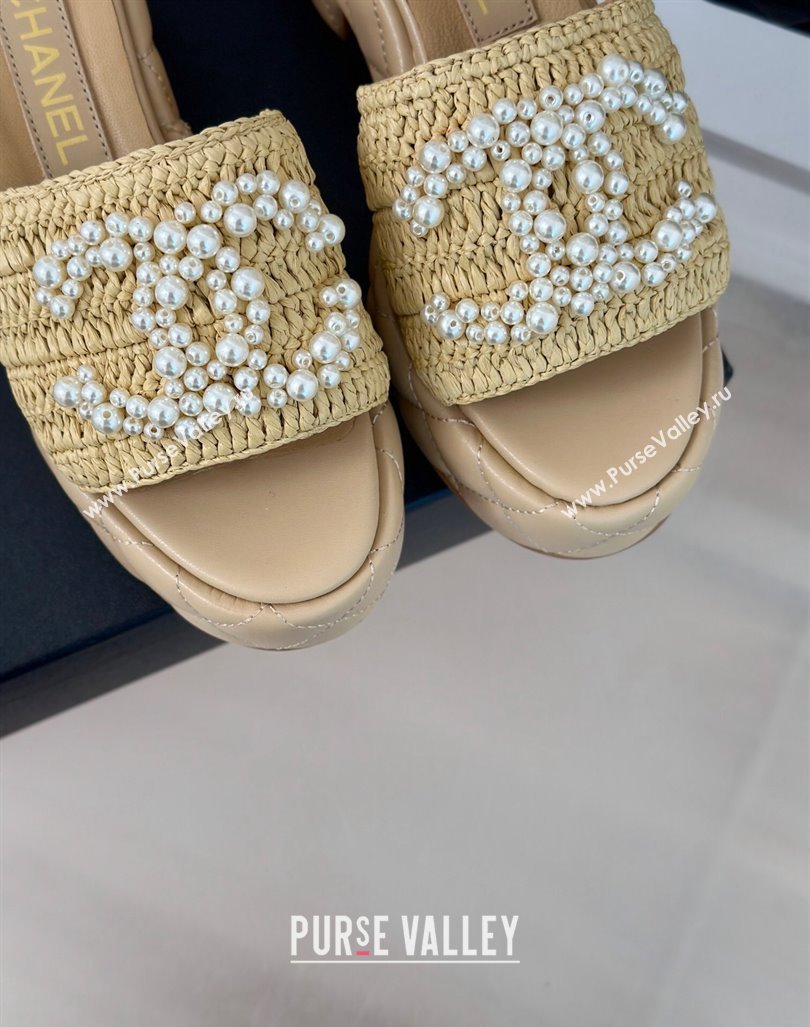 Chanel Crochet Straw Lambskin Platform Slide Sandals 7cm with Pearls CC Beige 2024 (MD-240603189)