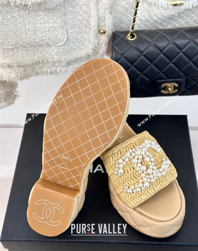 Chanel Crochet Straw Lambskin Platform Slide Sandals 7cm with Pearls CC Beige 2024 (MD-240603189)