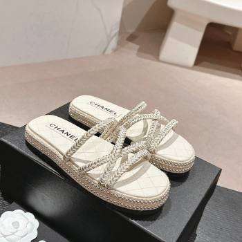 Chanel Braided Espadrille Flat Slide Sandals with Studs Chain White 2024 (MD-240603022)
