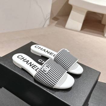 Chanel Stripes Embroidered Fabric Flat Slide Sandals Black 2024 0603 (MD-240603033)
