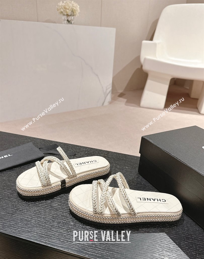 Chanel Braided Espadrille Flat Slide Sandals with Studs Chain White 2024 (MD-240603022)