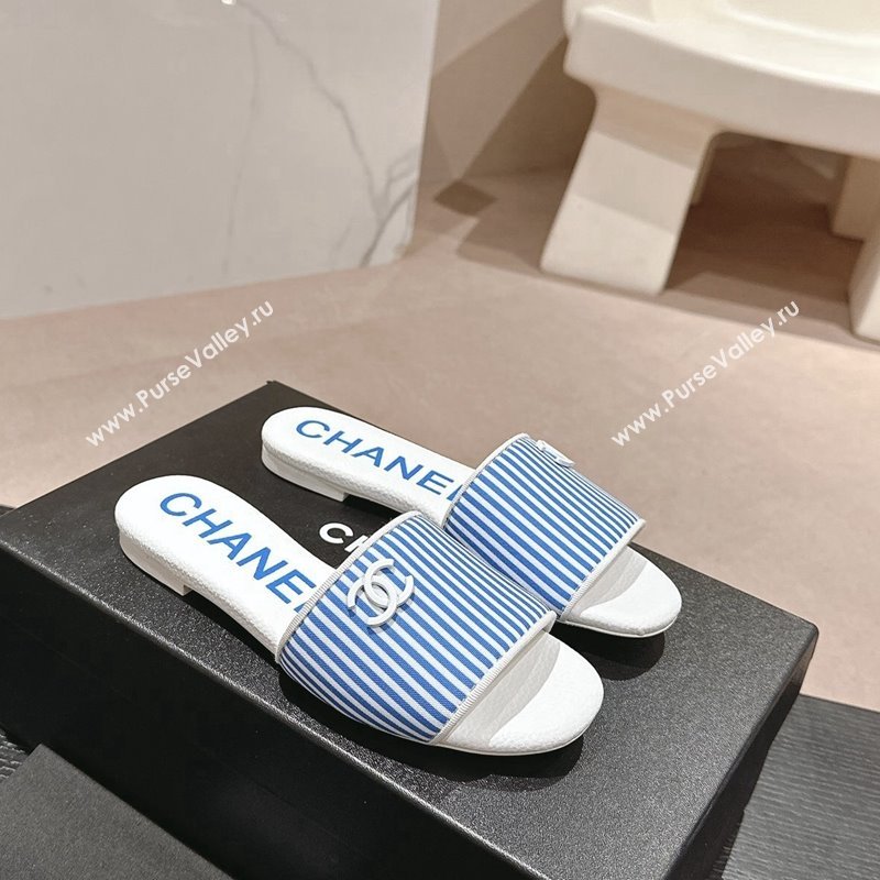 Chanel Stripes Embroidered Fabric Flat Slide Sandals Blue 2024 0603 (MD-240603034)