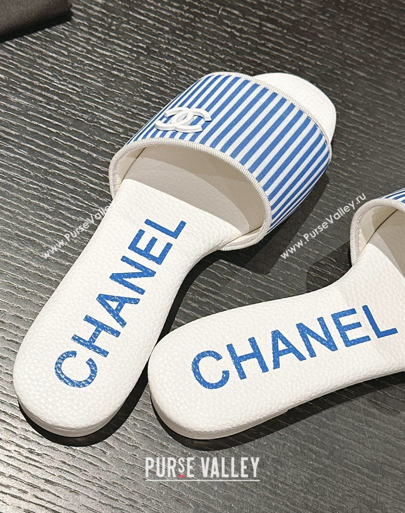 Chanel Stripes Embroidered Fabric Flat Slide Sandals Blue 2024 0603 (MD-240603034)