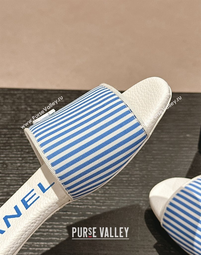 Chanel Stripes Embroidered Fabric Flat Slide Sandals Blue 2024 0603 (MD-240603034)