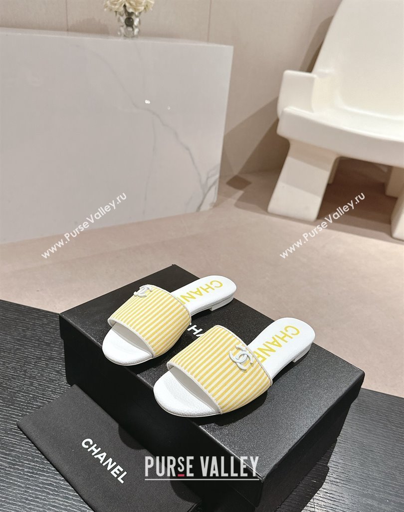 Chanel Stripes Embroidered Fabric Flat Slide Sandals Yellow 2024 0603 (MD-240603035)