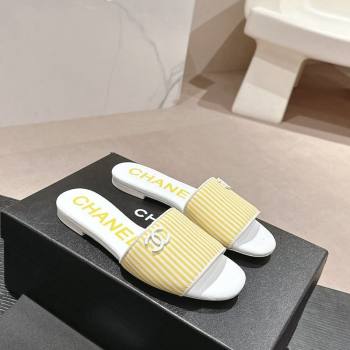 Chanel Stripes Embroidered Fabric Flat Slide Sandals Yellow 2024 0603 (MD-240603035)