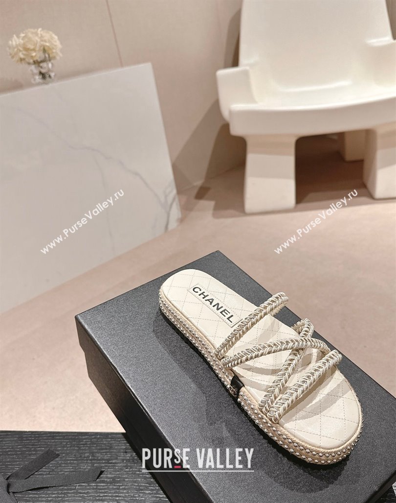 Chanel Braided Espadrille Flat Slide Sandals with Studs Chain White 2024 (MD-240603022)