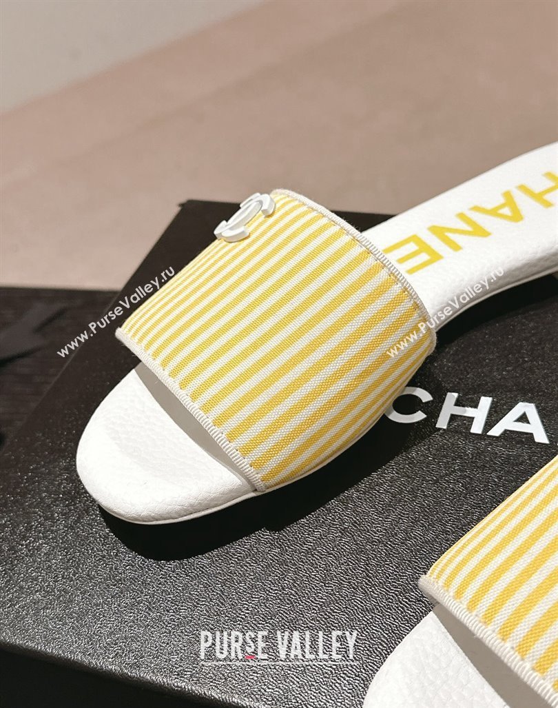 Chanel Stripes Embroidered Fabric Flat Slide Sandals Yellow 2024 0603 (MD-240603035)