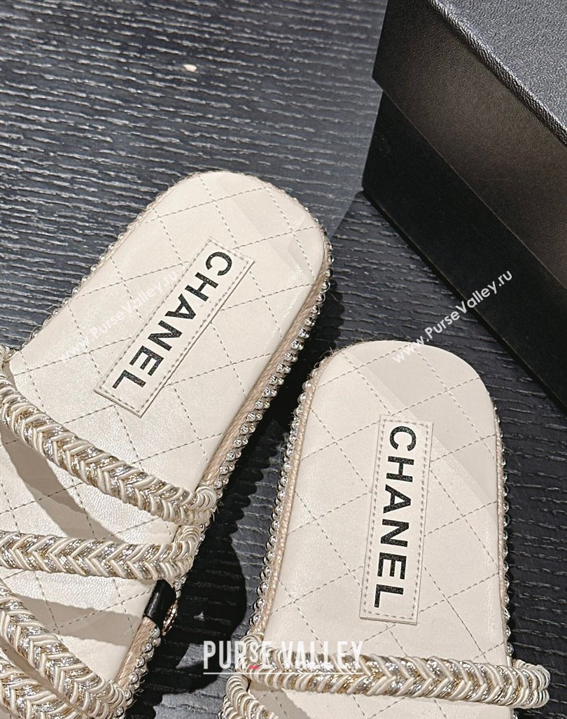 Chanel Braided Espadrille Flat Slide Sandals with Studs Chain White 2024 (MD-240603022)