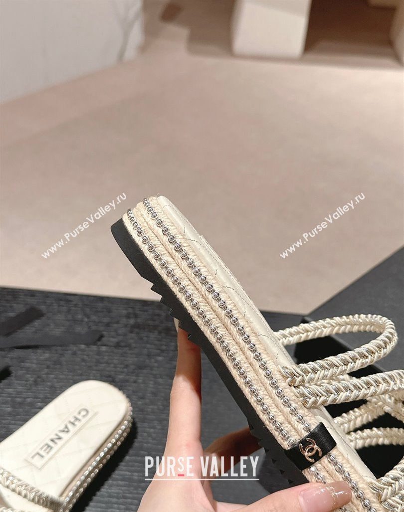 Chanel Braided Espadrille Flat Slide Sandals with Studs Chain White 2024 (MD-240603022)