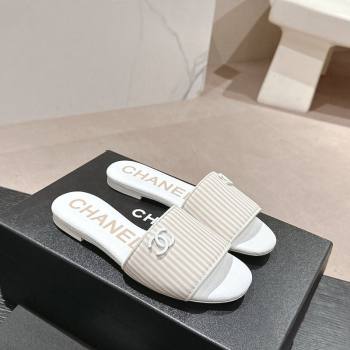 Chanel Stripes Embroidered Fabric Flat Slide Sandals Beige 2024 0603 (MD-240603038)