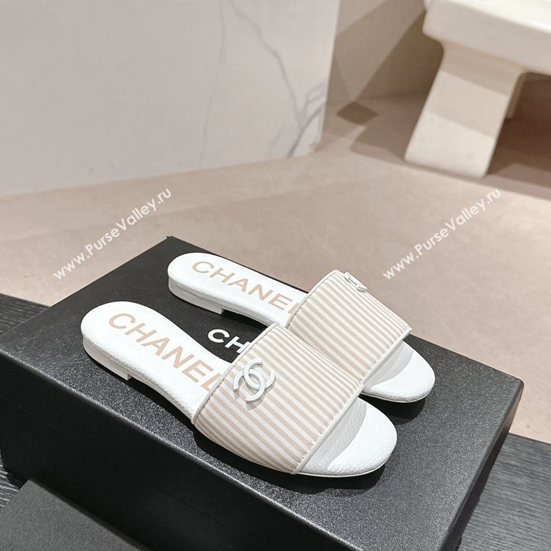 Chanel Stripes Embroidered Fabric Flat Slide Sandals Beige 2024 0603 (MD-240603038)