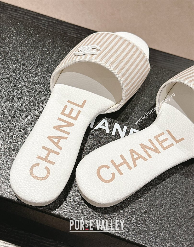 Chanel Stripes Embroidered Fabric Flat Slide Sandals Beige 2024 0603 (MD-240603038)