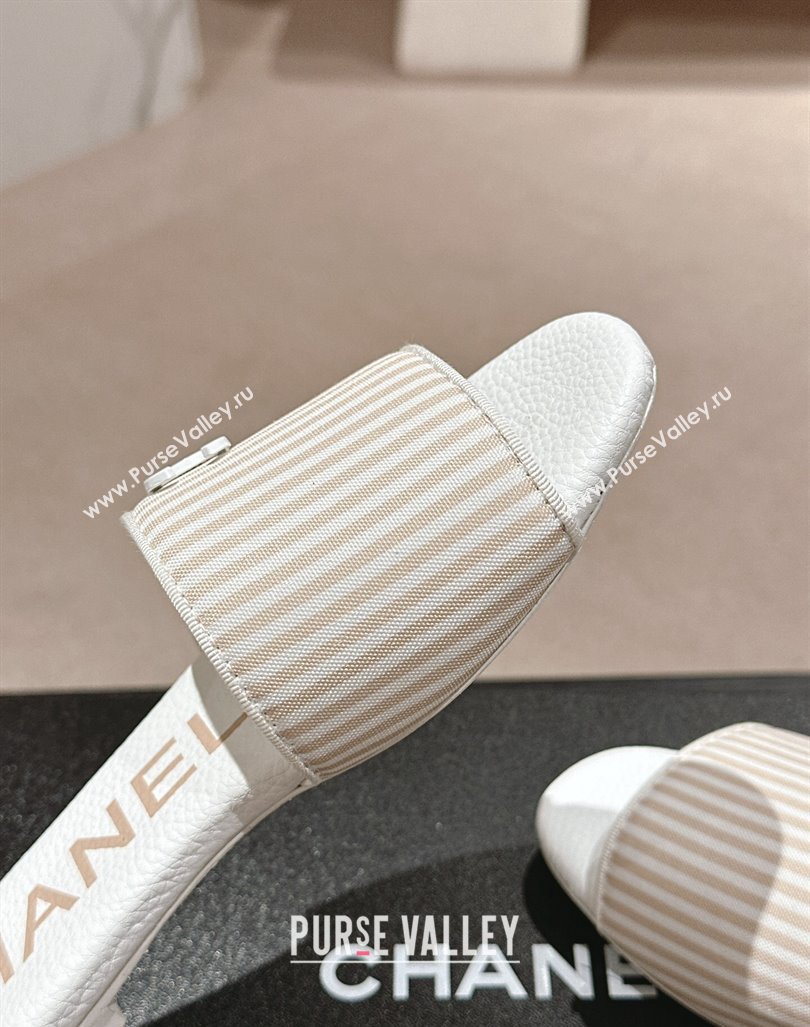 Chanel Stripes Embroidered Fabric Flat Slide Sandals Beige 2024 0603 (MD-240603038)