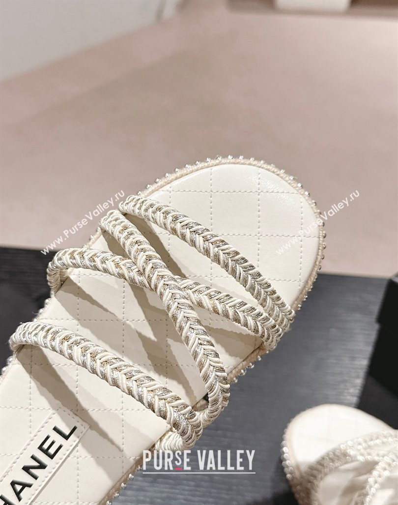 Chanel Braided Espadrille Flat Slide Sandals with Studs Chain White 2024 (MD-240603022)