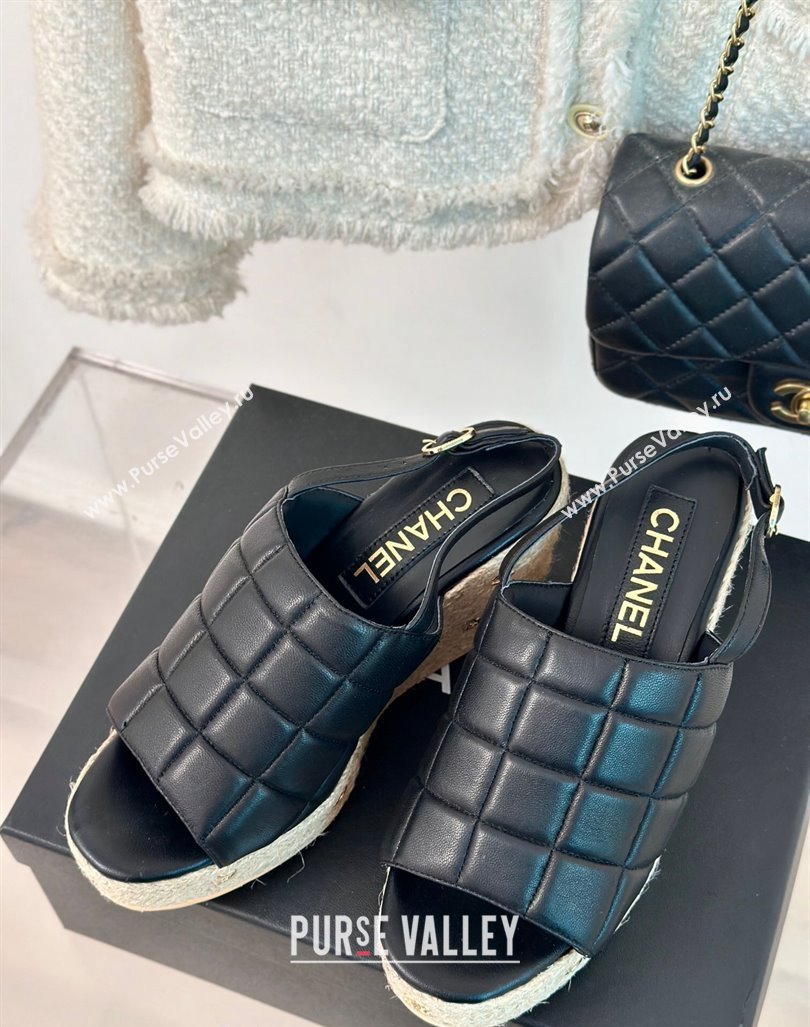 Chanel Quilted Lambskin Wedge Sandals 8cm with Logo Charm Black 2024 0603 (MD-240603039)